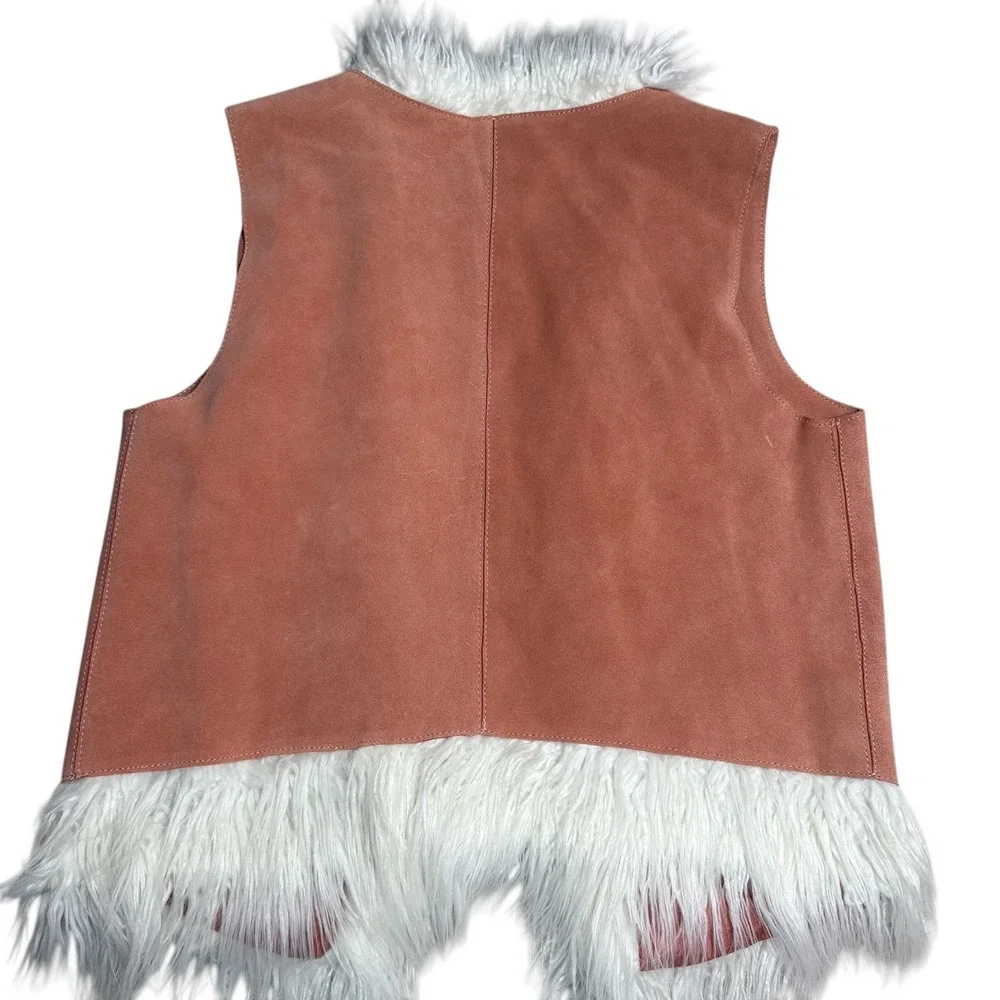 Free People Leather Vest Faux Fur Trimmed Peach Boho Festival‎ L